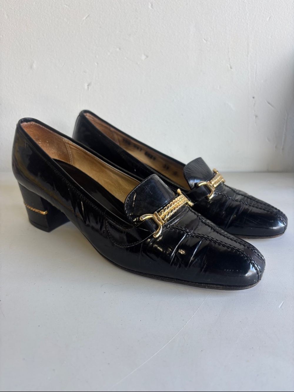 Vintage Gucci stacked loafers Black Patent Loafers with Gold chain Accent